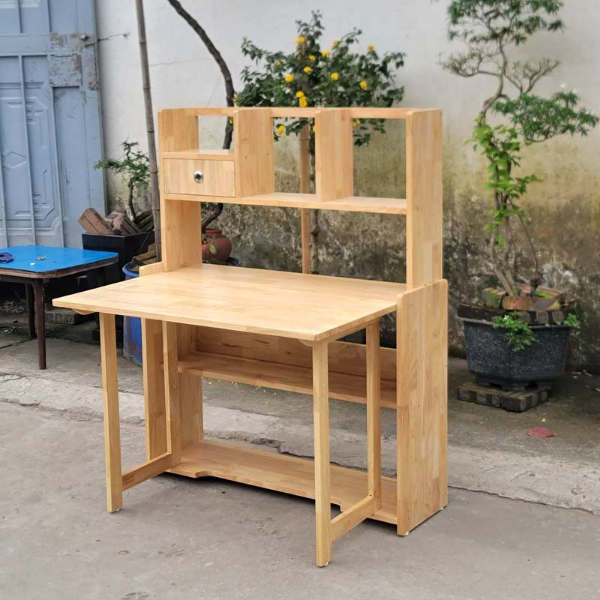 Bàn học sinh liền giá sách, Có thể xếp gọn mặt bàn, Gỗ cao su tự nhiên