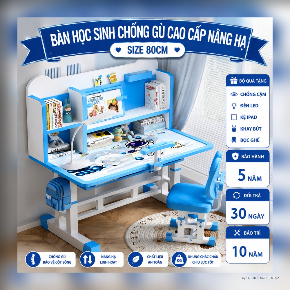 ( Bộ quà 5 món) Bộ bàn ghế Rynka-02 cho bé cao cấp chống gù cho bé nâng hạ chiều cao kệ sách thông minh